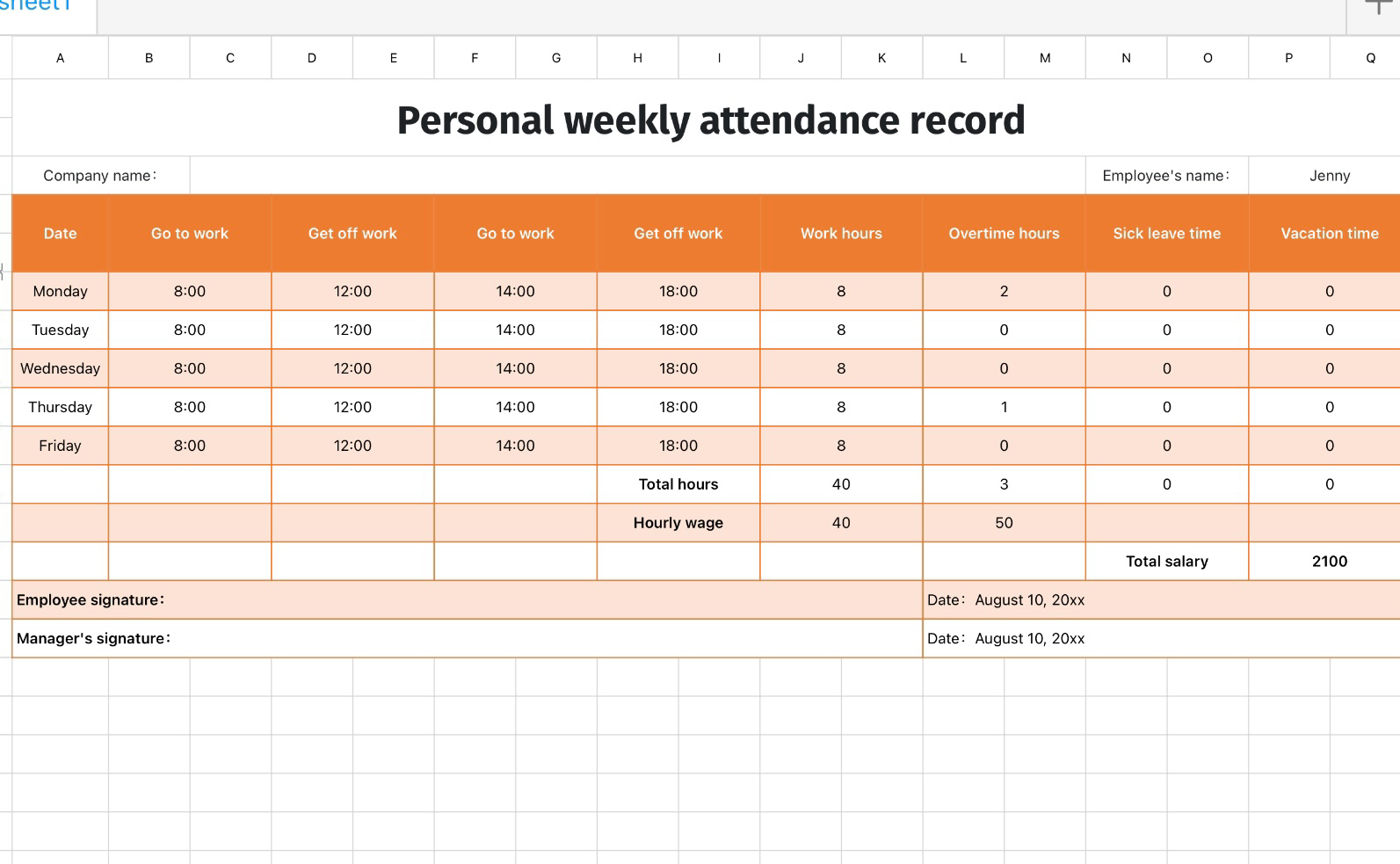 Personal weekly attendance record